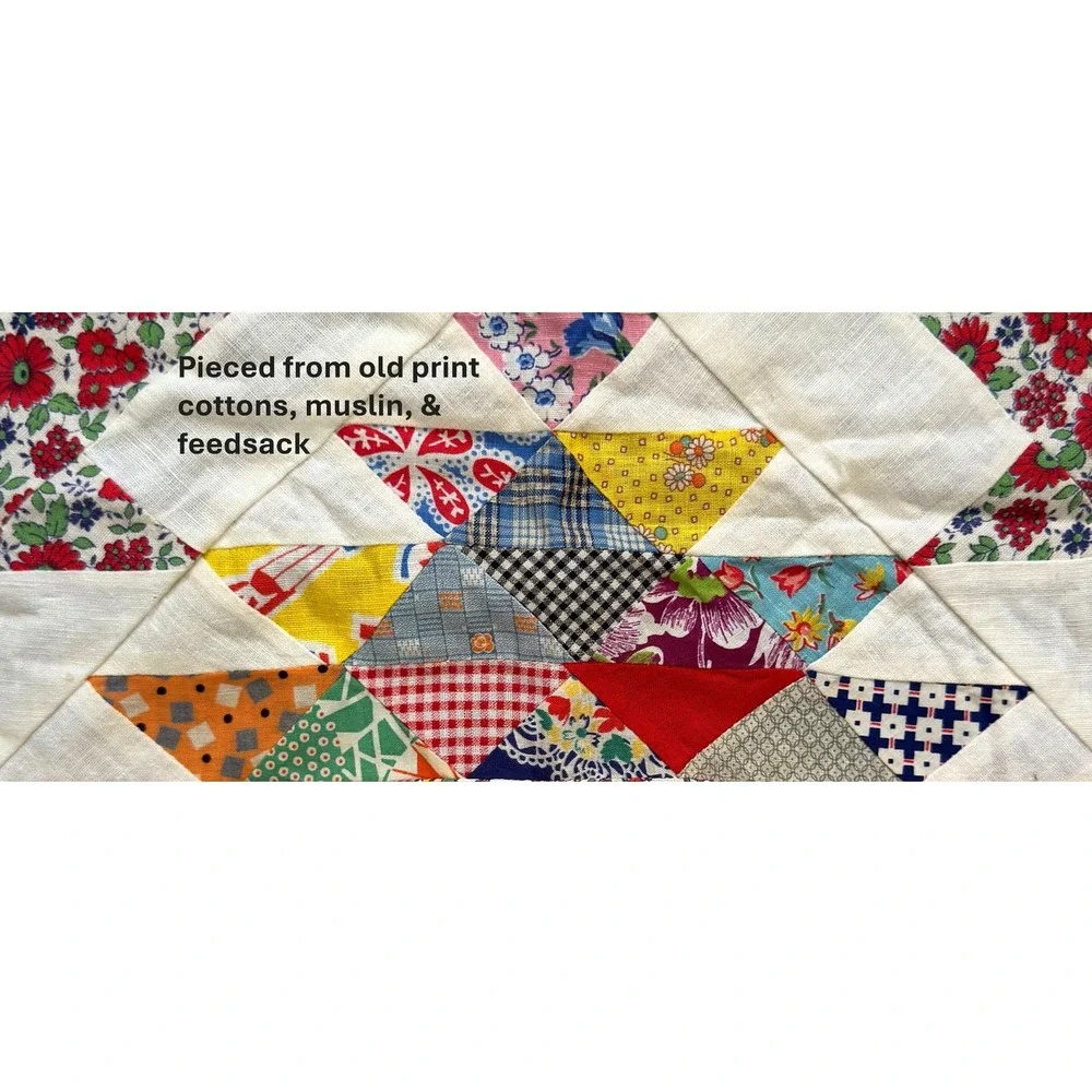 Vtg Antique Lap Wall Flower Basket Quilt Top Exc Cotton Prints, Feedsack 39